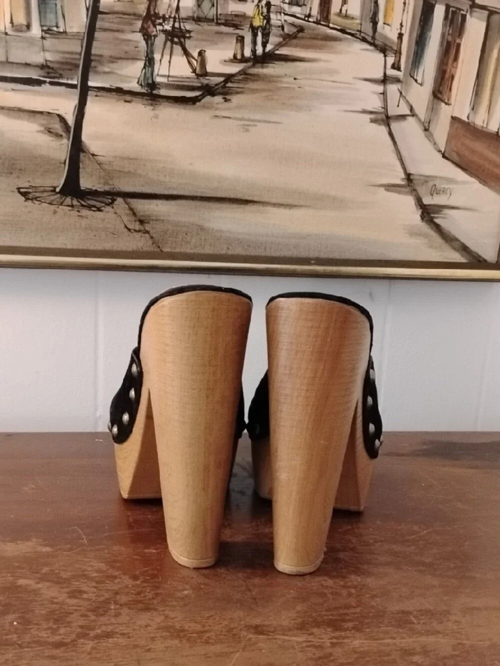 JustFab Black Studded Suede Platform Mules with Wood-Look Heel